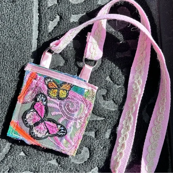 Fabric Collage Wallet Hand Crafted Pink and Black Butterfly Bag Purse Necklace - Picture 5 of 10